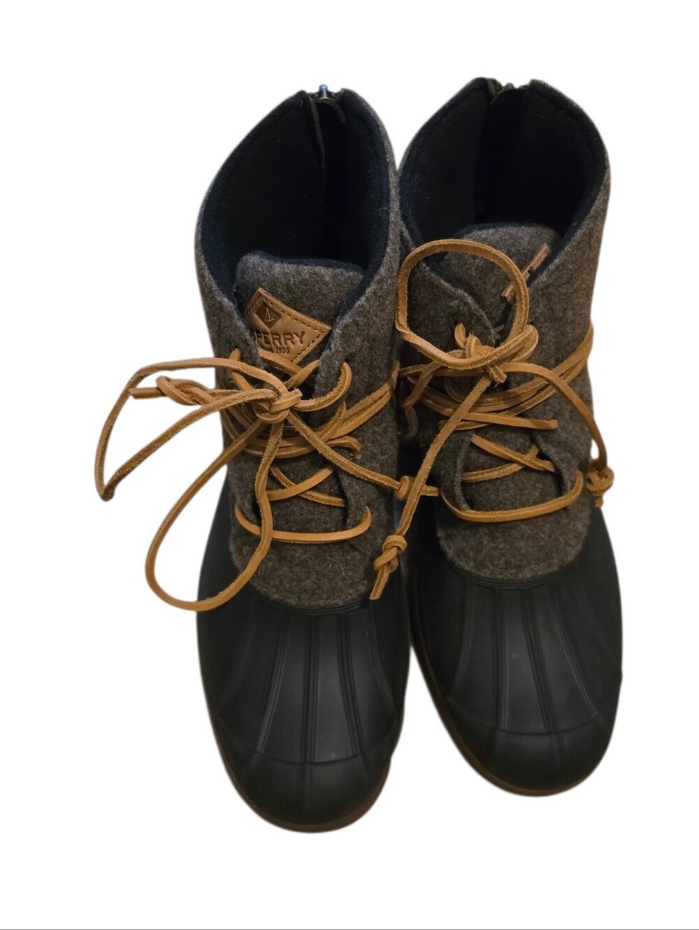 Sperry Gray & Black Duck Boots with Tan Laces - 9